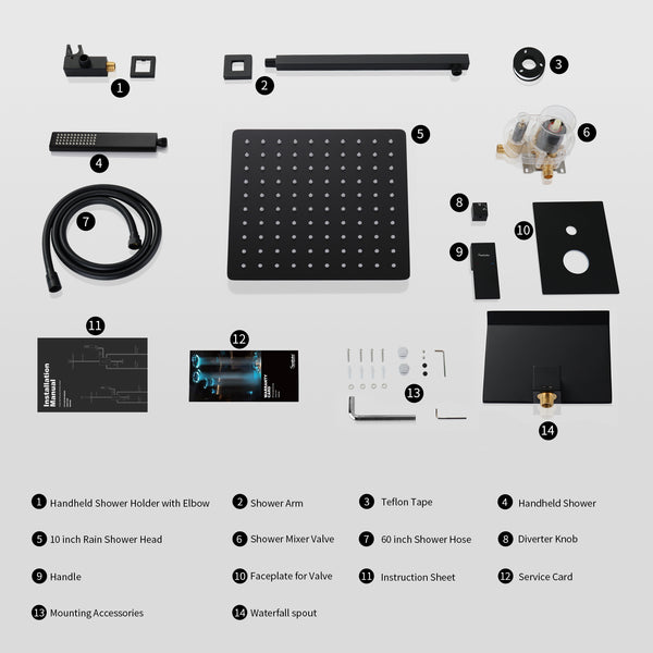 English Elm Male Npt Matte Black Shower And Tub Faucet Set - 10" Rainfall Showerhead & Waterfall Filler System T3177P277543