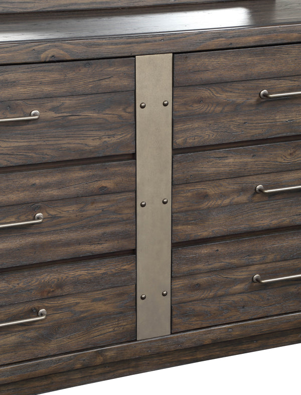 English Elm Industrial Rustic 6-Drawer Dresser in Knotty Oak Veneer with Solid Wood+MDF Build and Custom Hardware - Brown B2699P237054