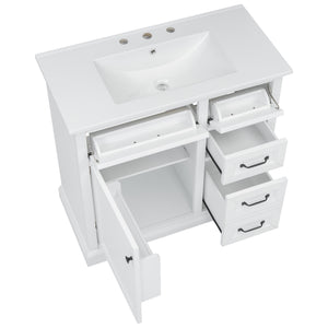 English Elm Christopher Knight Home® - 36" Bathroom Vanity with Ceramic Sink, Soft-Close Doors, 4 Drawers & Ample Storage, Freestanding White N759P223021K