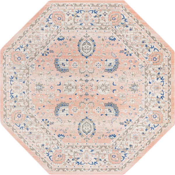 Unique Loom Whitney Bordeaux Machine Made Floral / Botanical Rug Powder Pink, Blue/Ivory/Light Blue/Gray 7' 1" x 7' 1"