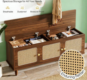 English Elm 2-tier Rattan Front Shoe Bench with Hidden Tray Farmhouse Entryway Storage T3971P463104