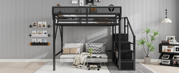 English Elm Queen Size Loft Bed With Integrated Storage, Metal Frame, Stylish Design For Kids, Teens, Adults W2580S00038-GIGA