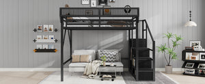 English Elm Queen Metal Loft Bed with Staircase Wardrobe and Shelves for Teens Adults W2580S00090