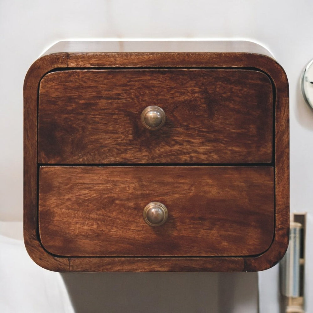 English Elm Solid Wood Mini Curved Wall-Mounted Bedside Table In California Walnut Finish With 2 Drawers B182P279282-GIGA