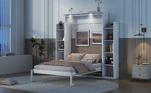 English Elm Full Size Murphy Wall Bed with Led Lighting Side Storage Cabinets and Slatted Support White LP000694AAK-1