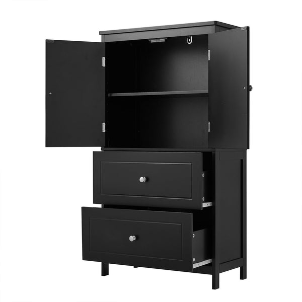 English Elm Bathroom Storage Cabinet with Two Doors and Drawers, Adjustable Shelf, MDF Finish, Slim 28"L x 15"W Black N725P188460B