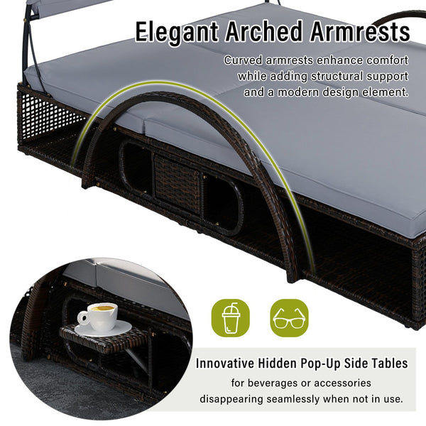 English Elm U_style Outdoor Double Sun Lounger Hdpe Wicker Steel Frame with Canopy Pop up Tables Gray WY000485AAE