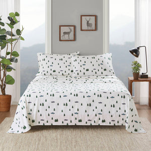 English Elm 4 Pcs King Sheet Set - Cozy Cotton Flannel With Green Trees & Trucks Design For Rustic Charm B035P319769