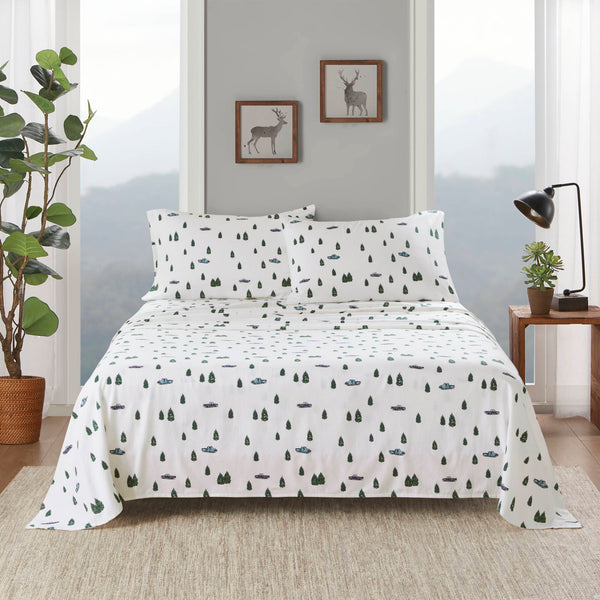English Elm 4 Pcs Queen Sheet Set - Cozy Cotton Flannel With Charming Green Trees & Trucks Print For Comfort B035P319768