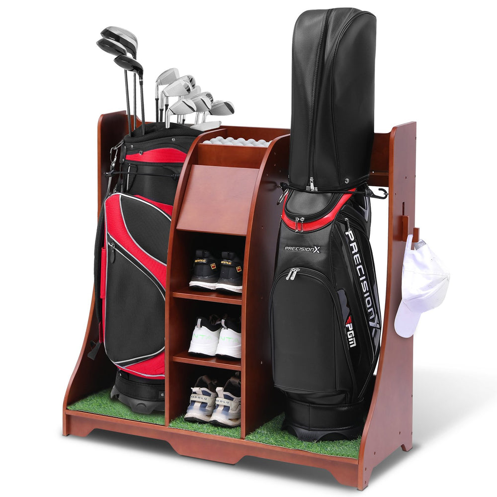 English Elm Wood Golf Storage Rack with Turf Accents Four Shelves and Bag Bay for Garage B205P298024