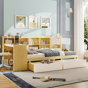 English Elm Wooden L-shape Twin Bed with Study Desk Bookshelf and Nine Storage Cabinets N733S247070M
