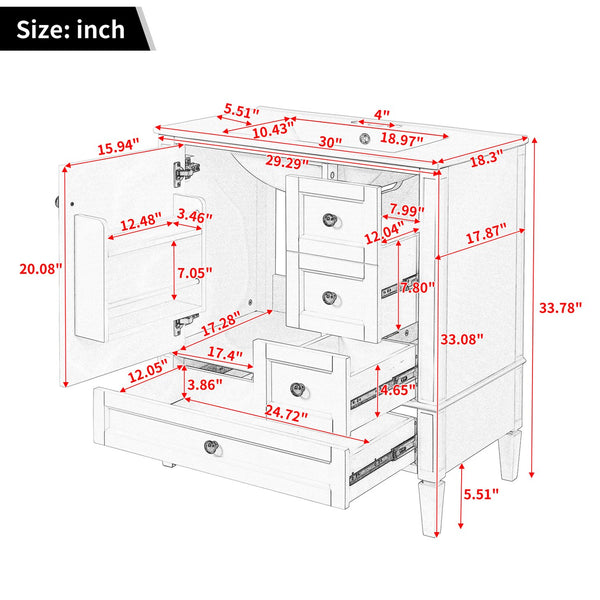 English Elm 30 30 Inch Bathroom Vanity with Ceramic Sink, Modern Compact 3-Drawer Storage Cabinet for Small Baths Grey N710P247499E