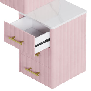 English Elm Velvet Upholstered Vanity Desk Set with Marble-Look Top, Padded Chair, 5 Spacious Drawers & Gold Accents Pink 17.5 L x 16.3 W x 16.1 H N733S272606H