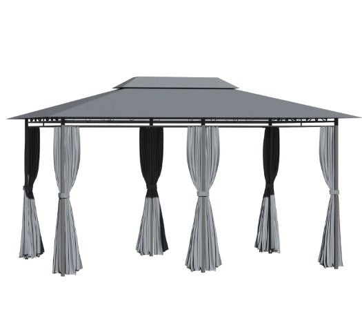 English Elm Large Vented Two-tier Patio Gazebo with Mesh Netting Steel Frame Backyard Shelter Dark Grey T3971P425932