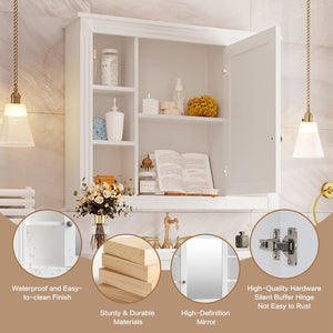 English Elm 35'' Modern Medicine Cabinet with Mirror and Towel Rod, MDF Wall-Mounted Bathroom Storage with Adjustable Shelves and Soft-Close Hinges White WF305081AAK