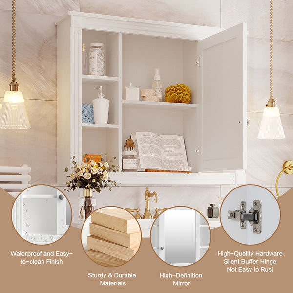 English Elm 35'' Modern Medicine Cabinet with Mirror and Towel Rod, MDF Wall-Mounted Bathroom Storage with Adjustable Shelves and Soft-Close Hinges White WF305081AAK