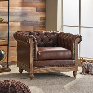 English Elm Christopher Knight Home® - CLUB Club Chair Chesterfield-Inspired Tufted PU Upholstery with Nailhead Trim, Scrolled Arms, Turned Legs Dark Brown 39.25 L x 34.25 W x 25 H 72069.00