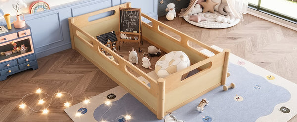 English Elm Twin Low Profile Floor Bed with Guardrails Pine Wood Frame Minimalist Bedroom Natural W1580P438791