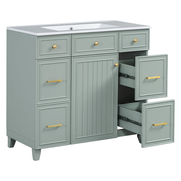 English Elm 36" 36-inch Transitional Bathroom Vanity with Ceramic Basin, Solid Wood Frame, Soft-Close Storage Elegance Green N729P255663G