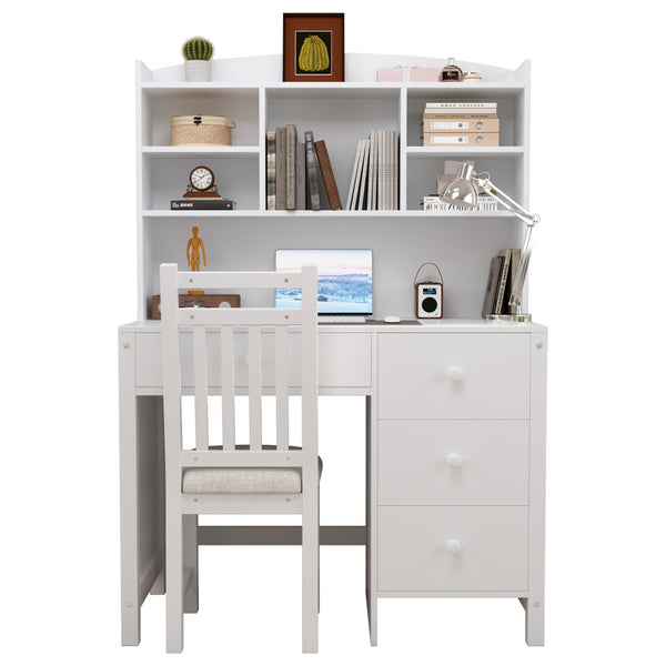 English Elm Vintage 40'' Home Executive Desk Set with Upholstered Chair and Built-In Bookshelf for Stylish Productivity White 44 L x 23 W x 13.5 H N733P272894K