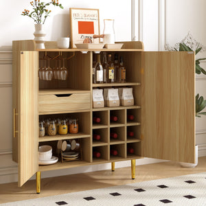English Elm Modern Fluted Bar Cabinet with Wine Rack Glass Holders Adjustable Shelving and Hidden Drawer Natural N728P438606N