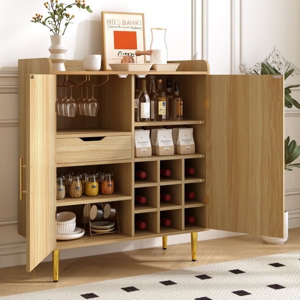 English Elm Modern Fluted Bar Cabinet with Wine Rack Glass Holders Adjustable Shelving and Hidden Drawer Natural N728P438606N