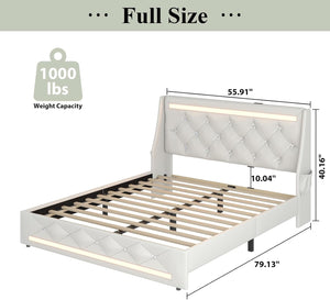 English Elm Full Platform Bed Faux Leather Diamond Tufted Headboard Led Lighting Charging Station White W5722P462371