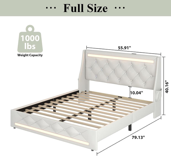 English Elm Full Platform Bed Faux Leather Diamond Tufted Headboard Led Lighting Charging Station White W5722P462371