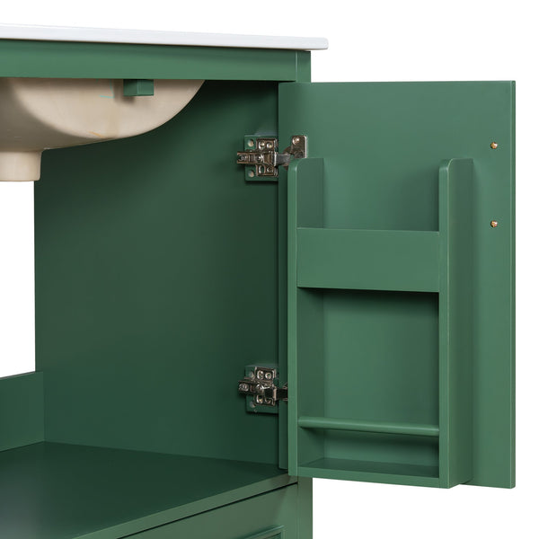 English Elm 30" Modern Bathroom Vanity with Ceramic Sink, Soft-Close Doors, Divided Drawer & Dual Door Shelves Green N729P321376F