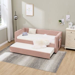 English Elm Pink velvet daybed with diamond-grid pull-out trundle, modern velvet MDF frame, twin size elegance and extra sleep space W1361S00030