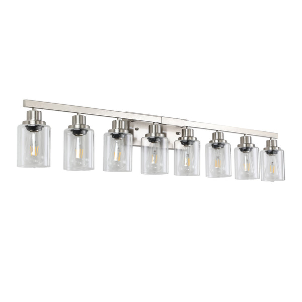 English Elm 51" Brushed Nickel 8-Light Bathroom Vanity Fixture with Clear Glass Shades, Modern Wall-Mount Lighting W2312P374798