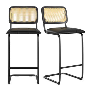 English Elm Counter Upholstered PU Leather Bar Stools Set of 2 with Rattan Back, 30" Cantilever Counter Stools Black, Anti-Slip Protectors T3623P353498