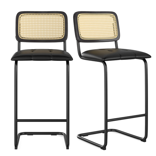 English Elm Counter Upholstered PU Leather Bar Stools Set of 2 with Rattan Back, 30" Cantilever Counter Stools Black, Anti-Slip Protectors T3623P353498