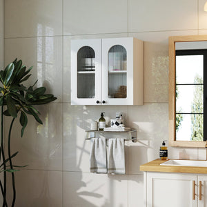 English Elm Wall Mounted Display Cabinet Arched Glass Door Floating Shelves for Kitchen or Bath W331P379951