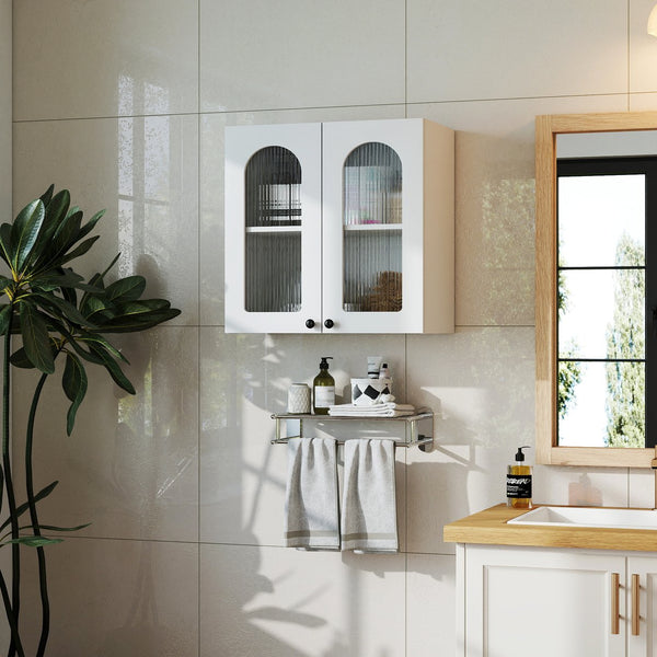English Elm Wall Mounted Display Cabinet Arched Glass Door Floating Shelves for Kitchen or Bath W331P379951