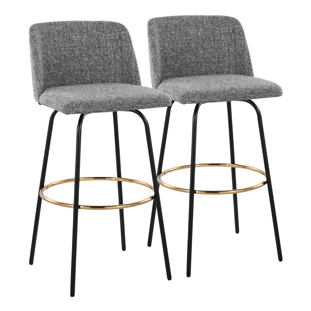 English Elm 30" Swivel Barstools Set of 2 Grey Fabric Gold Footrest Black Metal Kitchen Counter B202S00653