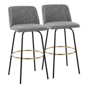 English Elm 30" Swivel Barstools Set of 2 Grey Fabric Gold Footrest Black Metal Kitchen Counter B202S00653