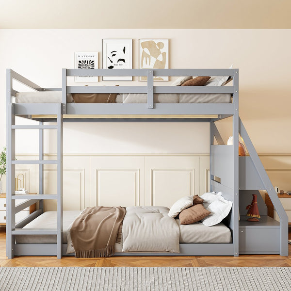 English Elm Full Bunk Bed with App Led Lighting Usb Charging Storage Drawers Kids Bedroom Gray N820S00080E