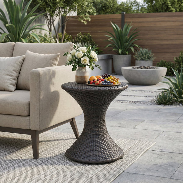 English Elm Outdoor Wicker Hourglass Side Table Sculptural Rattan Weave Patio Accent N773P362081B
