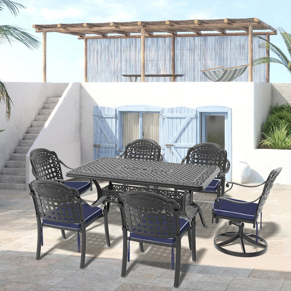 English Elm 7-piece Cast Aluminum Outdoor Dining Set with Carved Petal Chairs and Swivel Seating W1710S00586