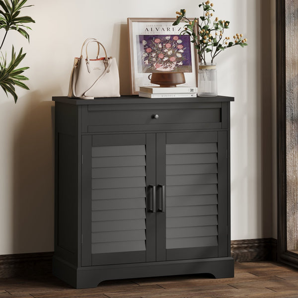 English Elm 16 Pair Shoe Cabinet Tall Freestanding Entryway Organizer with Drawer, Louvered Doors, Durable MDF Storage Black T3771P373139