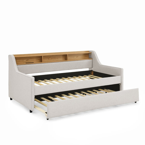 English Elm Twin Size Upholstered Sofa Bed With Led Lights, Storage, Adjustable Headboard & Wireless Charging W1413S00058-GIGA