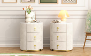 English Elm 2 Upholstered Nightstand Set with 3 Drawers, Round Velvet Bedside Table, Marble Top & Metal Handles Beige 24 L x 19.5 W x 18.89 H N733S272609A