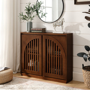 English Elm Mid Century Modern Fluted Sideboard Cabinet With Outlet Holes - Stylish Storage For Living Spaces W1801P362150