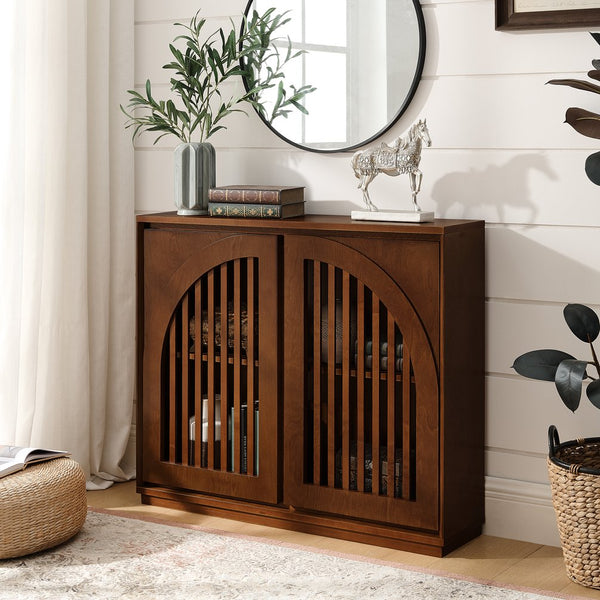 English Elm Mid Century Modern Fluted Sideboard Cabinet With Outlet Holes - Stylish Storage For Living Spaces W1801P362150