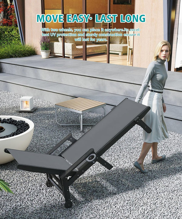 English Elm Lounge Outdoor Hdpe Reclining Chaise with Teslin Fabric Seat Wheels and Cup Holder Dark Grey W1859P494830