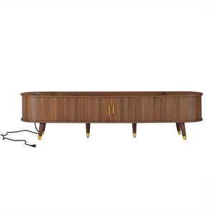 English Elm Wooden Fluted Tambour Media Console Mid Century Modern Tv Stand with Built in Charging Walnut N721P428444D