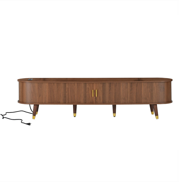 English Elm Wooden Fluted Tambour Media Console Mid Century Modern Tv Stand with Built in Charging Walnut N721P428444D