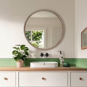 English Elm Round Rattan Textured Wall Mirror Natural Woven Frame Bohemian Accent for Any Room W2295P414103