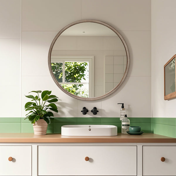 English Elm Round Rattan Textured Wall Mirror Natural Woven Frame Bohemian Accent for Any Room W2295P414103